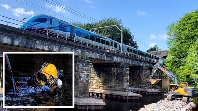 Divers protect Cumbrian rail routes from fast flowing river erosion: River Eden viaduct repairs composite 2