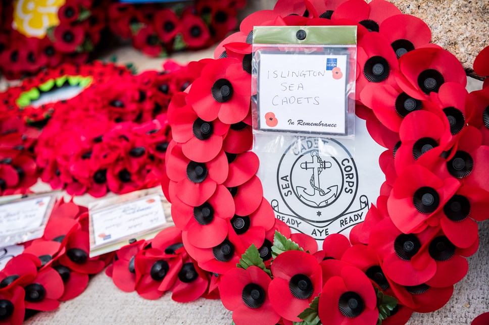 Poppy wreaths. Photo from 2019's Remembrance Sunday service at Islington Memorial Green