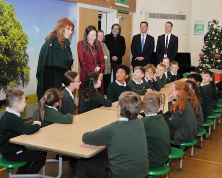 The Duchess of York with youngsters and staff at Padiham Green CofE Primary School