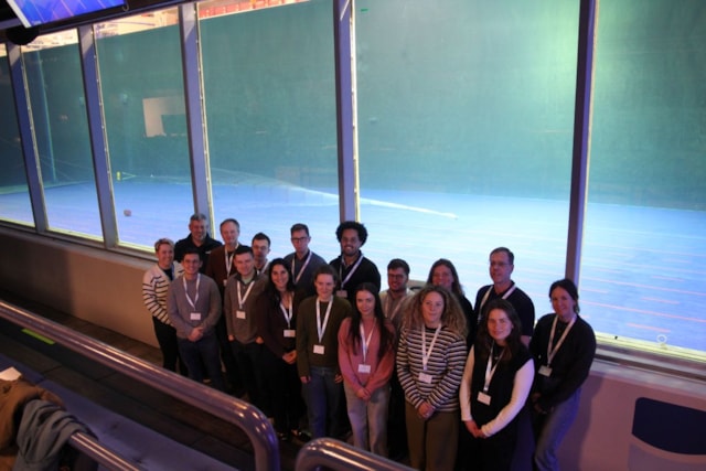 UK visitors at the flume tank. David Warwick back left, Emily Theobald front third right, Rufus Danby back row third from right 1200 x 800