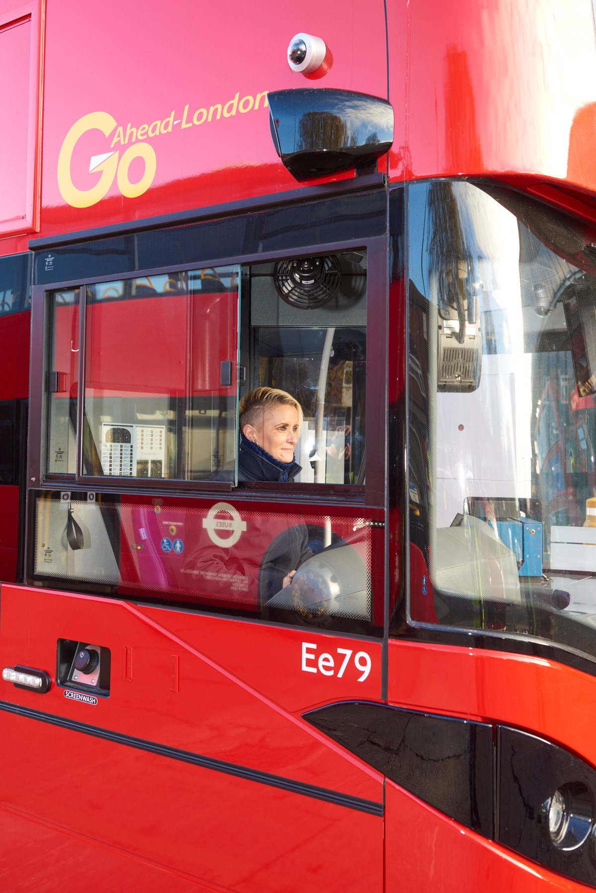 A bus driver, Kelly Myatt, in a zero emission electric bus at Go-Ahead's Bexleyheath Depot in south-east London.