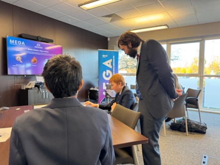 County Councillor Matthew Salter, cabinet member for Education and Skills, discusses coding with pupils at the Lancaster and Morecambe MEGA Hub