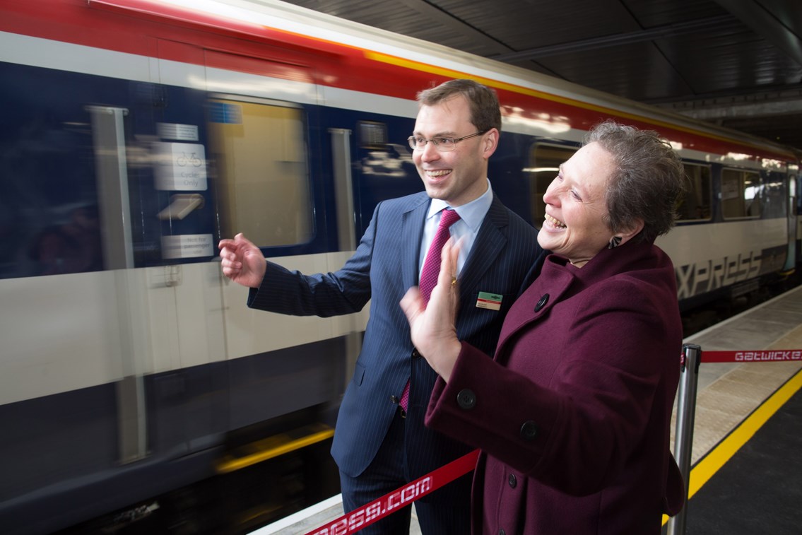 Baroness Kramer opens new platform 7 at Gatwick, unlocking capacity on Brighton Main Line: New platform 7 unlocks capacity at Gatwick - Southern MD Chris Burchell and Baroness Kramer