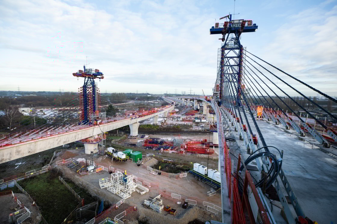 Temporary support structures in place during the assembly of the Water Orton viaducts Feb 2026