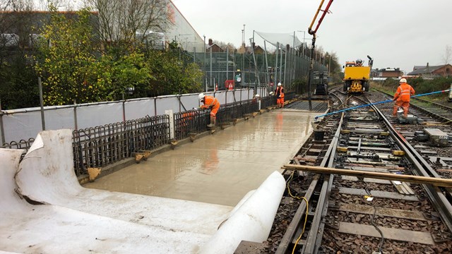 Concrete pour to form new deck of Petteril Bridge after freight train derailment in Carlisle
