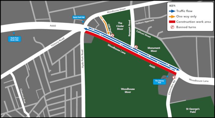 A660 Woodhouse Lane construction and traffic flow map: A660 Woodhouse Lane construction and traffic flow map