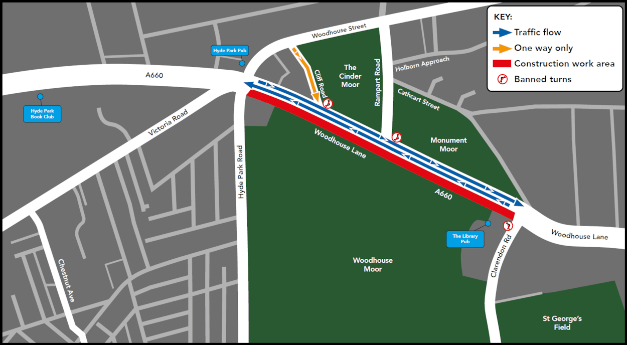 A660 Woodhouse Lane construction and traffic flow map
