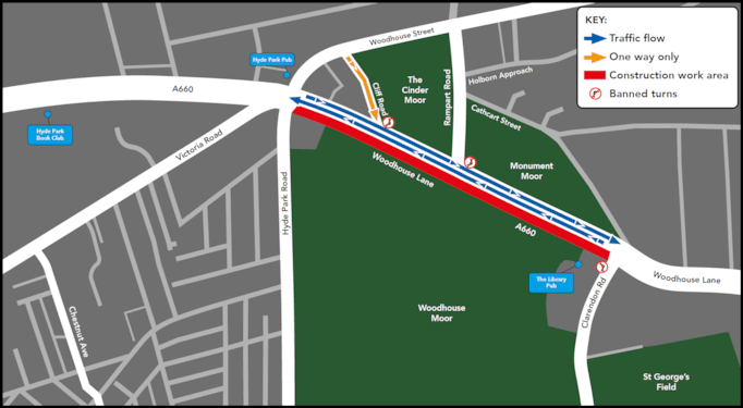 A660 Woodhouse Lane construction and traffic flow map
