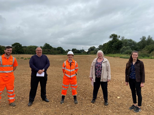 Network Rail transforms Northamptonshire work compound into first habitat to protect wildlife following major railway upgrades: L to R: 
Hamish Critchell-Ward (Environmental Manager for Network Rail), Cllr Clive Hallam, Tara Scott (Route Infrastructure Engineer for Network Rail), Cllr Lora Lawman, Cllr Harriet Pentland (North Northamptonshire Council’s executive member for Climate and Green Environment)