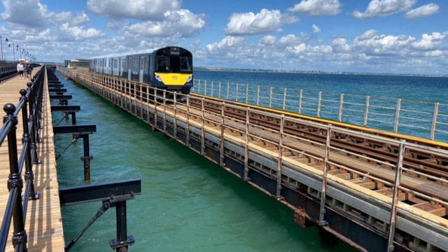 Island Line services resume following completion of large programme of vital maintenance: Ryde Pier with SWR train cropped