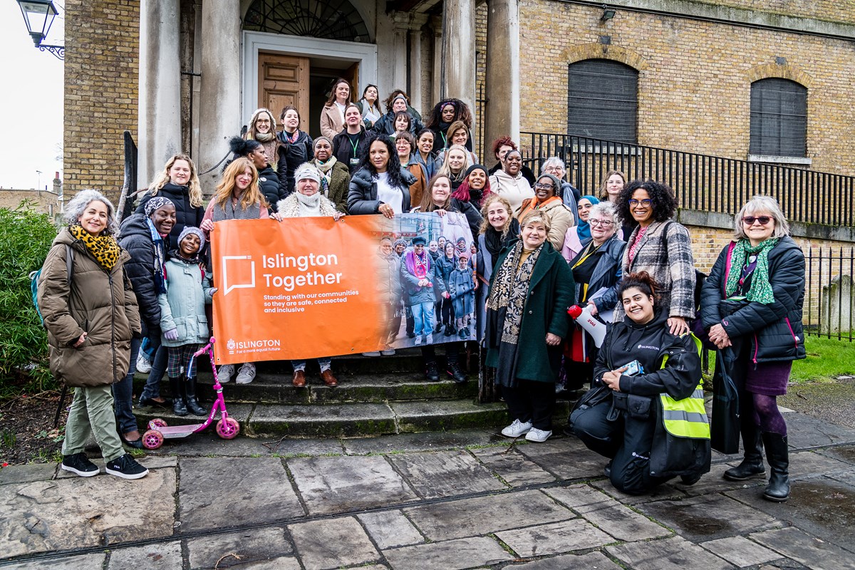 Some of the women who joined the Islington Together Women's Walk, on the steps outside St Mary Magdalene Church