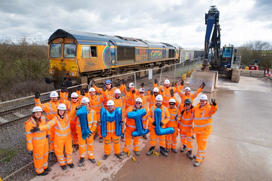 Million tonne milestone for HS2’s Quainton freight trains: HS2 staff and contractors celebrate the arrival of the millionth tonne of material by rail to Quainton Feb 2024