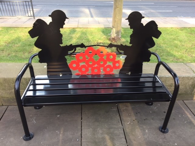 Tribute installed on Victoria Gardens to mark both Armistice Day and Remembrance Sunday: remembrancebench.jpg