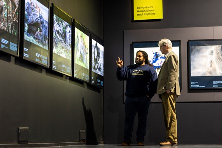 Wildlife cameraman and presenter Hamza Yassin explores the new exhibition, Wildlife Photographer of the Year, with Keeper of Natural Sciences Nick Fraser before it opens on Saturday 20 January at the National Museum of Scotland. Image © Duncan McGlynn-2