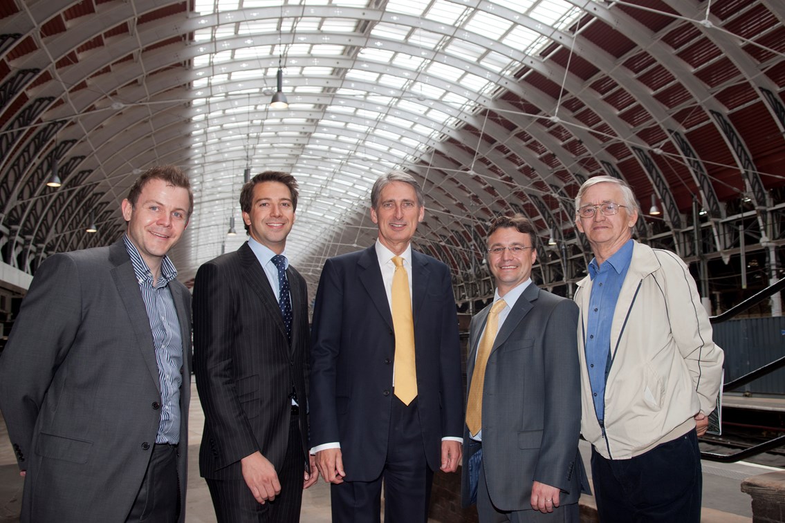 Network Rail's span 4 project team: From left to right:
Martin Treacy, project manager, NR
Andrew Craig, scheme project manager, NR
Rt Hon Philip Hammond MP, secretary of state for transport
Paul Futter, programme manager, NR
David Holloway, project engineer, NR