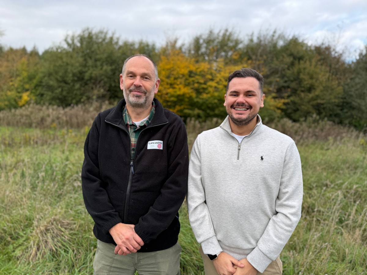 Cllr Joshua Roberts (right) and Ian Wright from the Treescapes team at Chisnall Wood in Wrightington