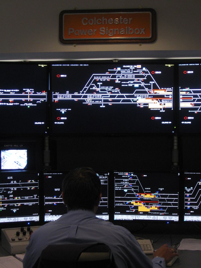 New workstations at Colchester signal box: A Network Rail signaller at work using the new, state-of-the-art visual displays installed at Colchester signal box as part of the Colchester-Clacton upgrade.