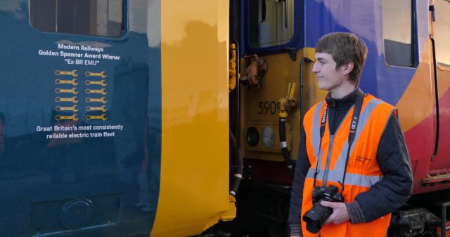 Francis Bourgeois admires 455 fleet Golden Spanners : Francis Bourgeois admires the 12 Golden Spanners that Wimbledon Depot has received for the Class 455 fleet.