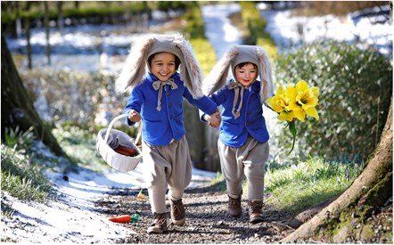 Spring bunnies Caleb Stewart and Leo Weh bounce into spring in the farmhouse garden at the National Museum of Rural Life, East Kilbride.  The attraction will be hosting a series of family activities to celebrate the new season including Spring Explorers sessions supported by players of People’s Postcode Lottery featuring storytelling, craft activities and a sheep-themed trail.