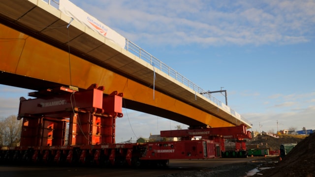 Shot from closed M6 Northbound carriageway during dramatic railway bridge move: Shot from closed M6 Northbound carriageway during dramatic railway bridge move