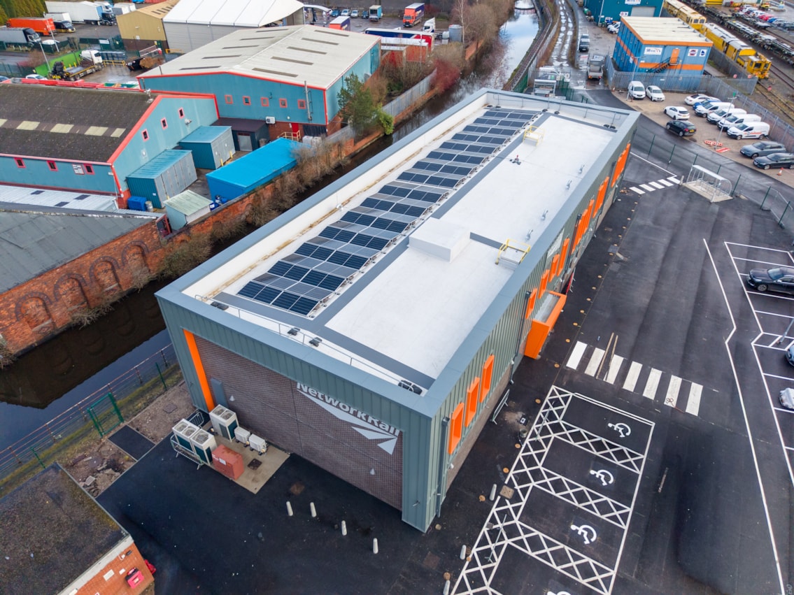 Aerial view of Guide Bridge depot with solar panels