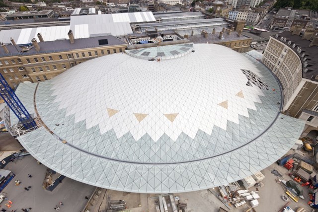 King's Cross from the air (2): The new western concourse, which follows the sweeping curve of the Great Northern Hotel, takes shape at King's Cross