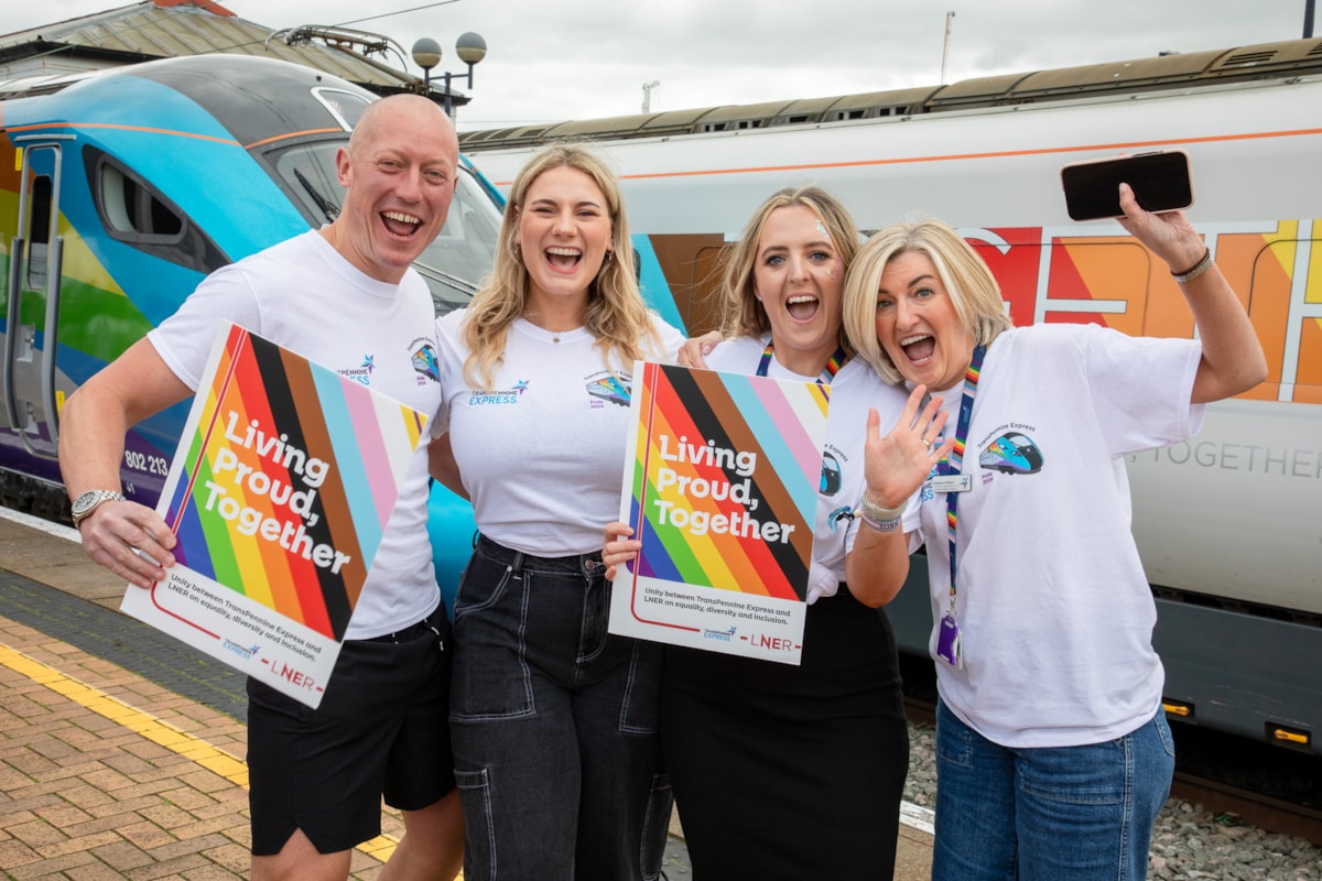 TPE’s Chris Jackson (Managing Director), Elizabeth Williams (Public Relations Manager), Harriet Harbidge (Diversity and Inclusion Manager) and Kathryn O’Brien (Customer Experience and Transformation Director) pictured in front of Unity Together ahead of York Pride 2024. Photo credits Jason Lock.