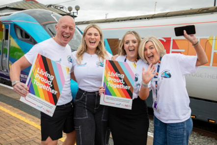 TPE’s Chris Jackson (Managing Director), Elizabeth Williams (Public Relations Manager), Harriet Harbidge (Diversity and Inclusion Manager) and Kathryn O’Brien (Customer Experience and Transformation Director) pictured in front of Unity Together ahead of York Pride 2024. Photo credits Jason Lock.