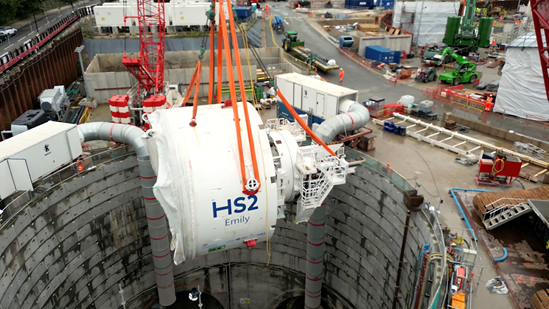 Aerial shot of HS2 TBM Emily being lowered into shaft at Victoria Road