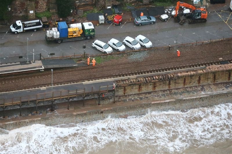 Aerial view of the damaged station at Dawlish, showing the missing platform: Aerial view of the damaged station at Dawlish, showing the missing platform