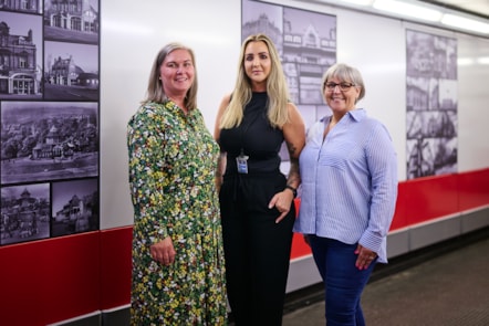 Left to right: Leonie Purvis (Avanti West Coast Station Manager at Wigan North Western), Dr Steph Dermott (Senior Community Rail Officer at South East Lancashire Community Rail Partnership) and Joanna Buckley (Community Manager at Avanti West Coast) alongside the Wonders of Wigan mural.
