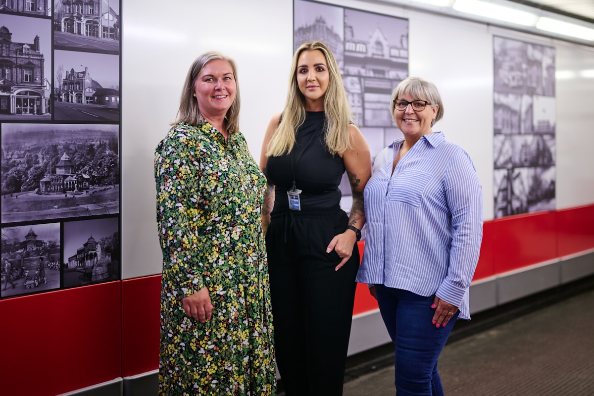Left to right: Leonie Purvis (Avanti West Coast Station Manager at Wigan North Western), Dr Steph Dermott (Senior Community Rail Officer at South East Lancashire Community Rail Partnership) and Joanna Buckley (Community Manager at Avanti West Coast) alongside the Wonders of Wigan mural.