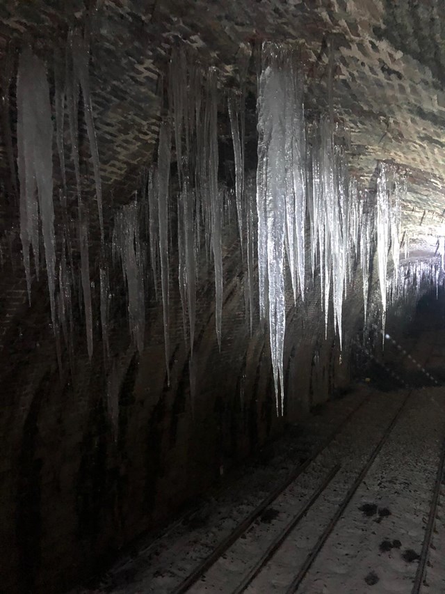 Icicles hanging inside railway tunnel on the Settle to Carlisle line