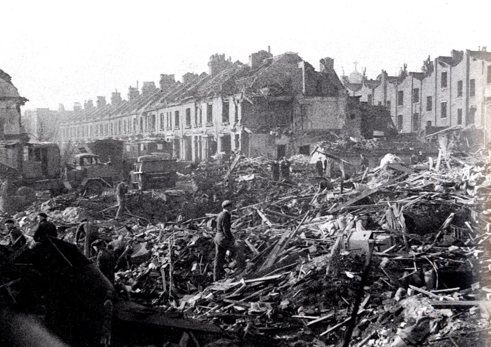 The aftermath of the V2 Rocket attack in Archway, Islington, 5 November