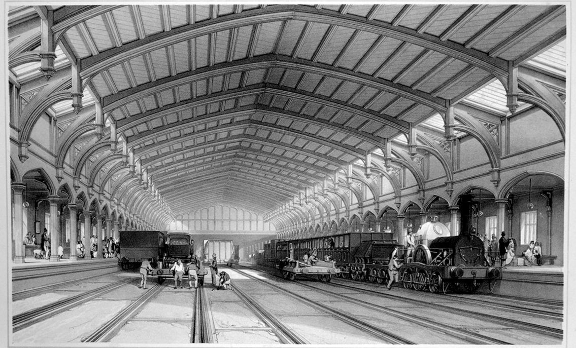 Engraving of Bristol Temple Meads railway station train shed