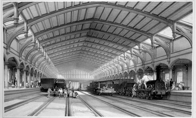 Engraving of Bristol Temple Meads railway station train shed: Engraving of Bristol Temple Meads railway station train shed