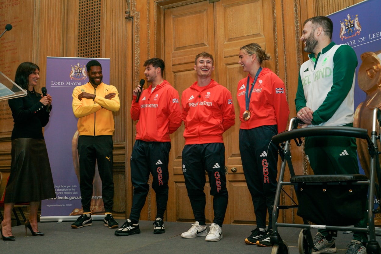 Reception 1: Event host Lisa Gannon with Yona Knight-Wisdom, Anthony Harding, Jack Laugher, Lois Toulson and City of Leeds Diving Club head coach Marc Holdsworth.