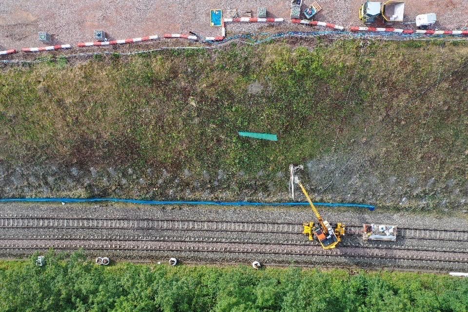 Templecombe aerial shot showing soil nails being driven: Templecombe aerial shot showing soil nails being driven