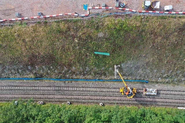 Templecombe aerial shot showing soil nails being driven