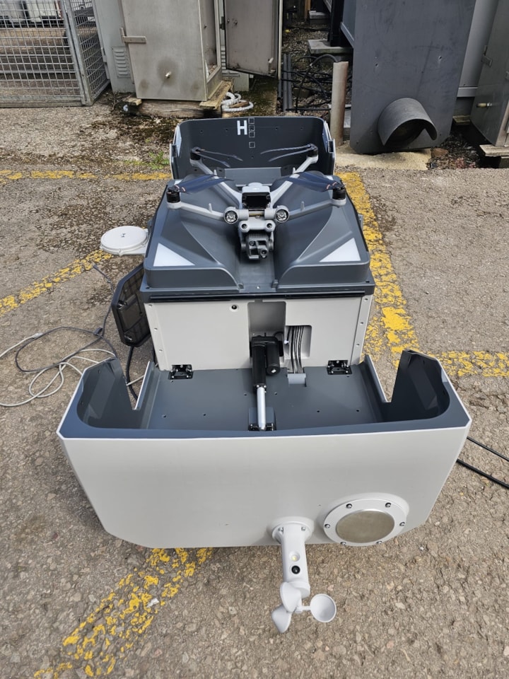 A drone shown inside the secure nesting equipment