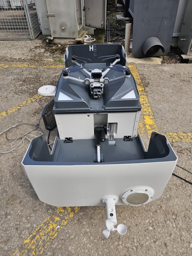 A drone shown inside the secure nesting equipment: A drone shown inside the secure nesting equipment
