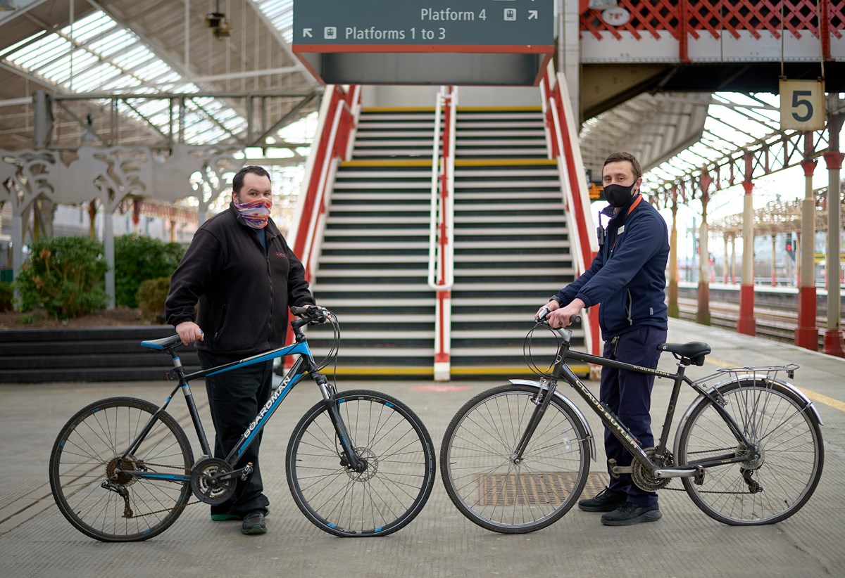 Avanti West Coast Crewe Bikes 3: L - R: Jon (Community Recycle Cycles volunteer); Danny Pope (Avanti West Coast Customer Service Assistant)