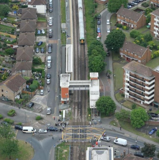 Mitcham Eastfields, pictured from the Network Rail Helicopter