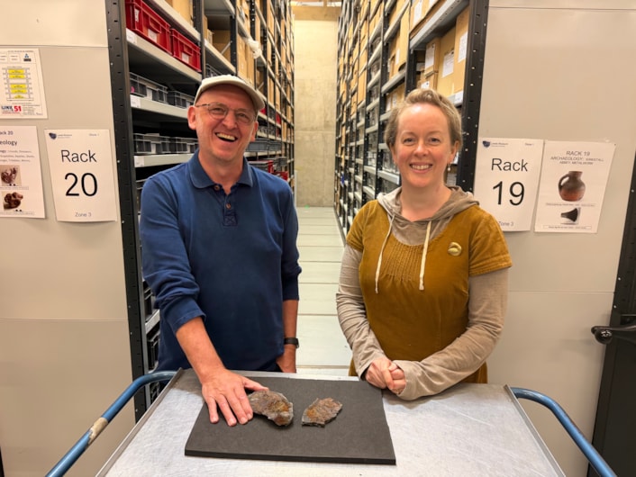 Coelacanth discovery: Geologist Ru Smith, left, with Curator Clare Brown and the skull bone of a coelacanth found by Ru at Roundhay Park earlier this year.
The well-preserved, prehistoric skull bone was frozen in time aeons ago during an era when the park was submerged under a vast tropical lagoon.
