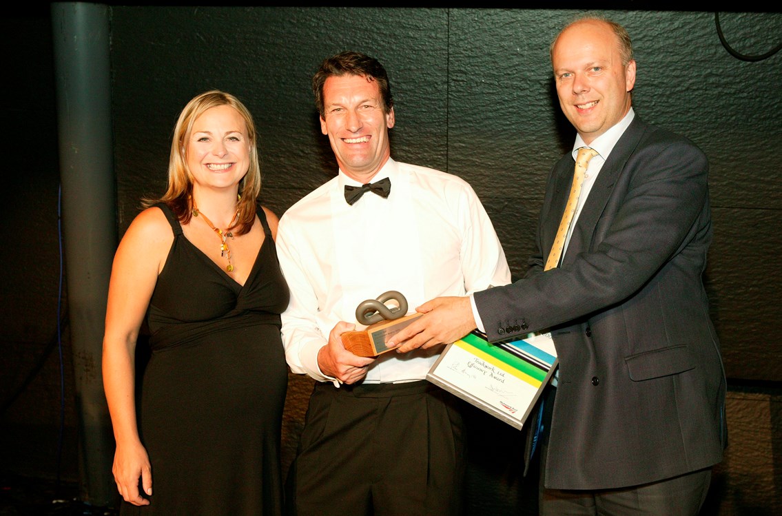 Efficiency Award winner - Trackwork Ltd: Presented to Mark Waind, Managing Director of Trackwork by Philippa Forrester and Chris Grayling, Shadow Transport Secretary.  Trackwork Ltd won the award with its sustainable and environmentally friendly solution for the disposal of railway sleepers