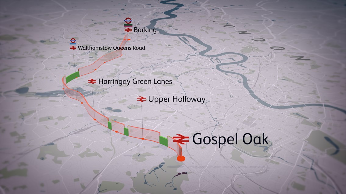 Gospel Oak to Barking electrification works to be complete in time for arrival of new double- length electric trains: Gospel Oak to Barking - map