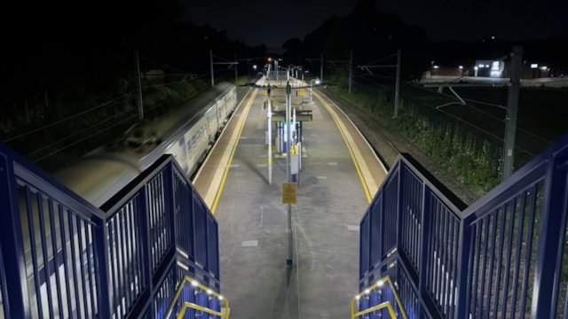 Electric train passing through Ince station on a test run back towards Wigan North Western June 3: Electric train passing through Ince station on a test run back towards Wigan North Western June 3