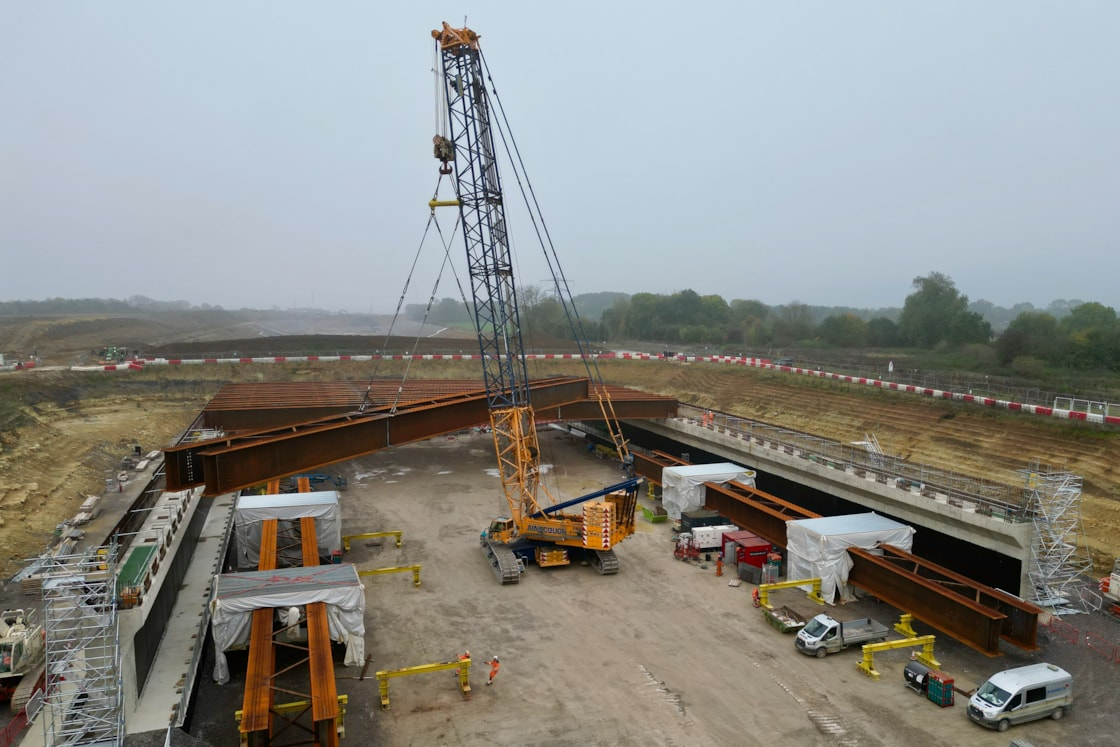 Aerial view of Turweston Green Overbridge beam installation (October 2024) DJI 0089