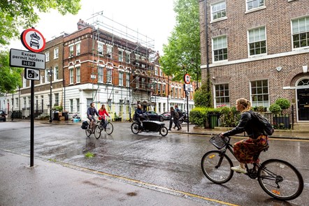 People walk and cycle on Highbury Place, part of the Highbury LTN