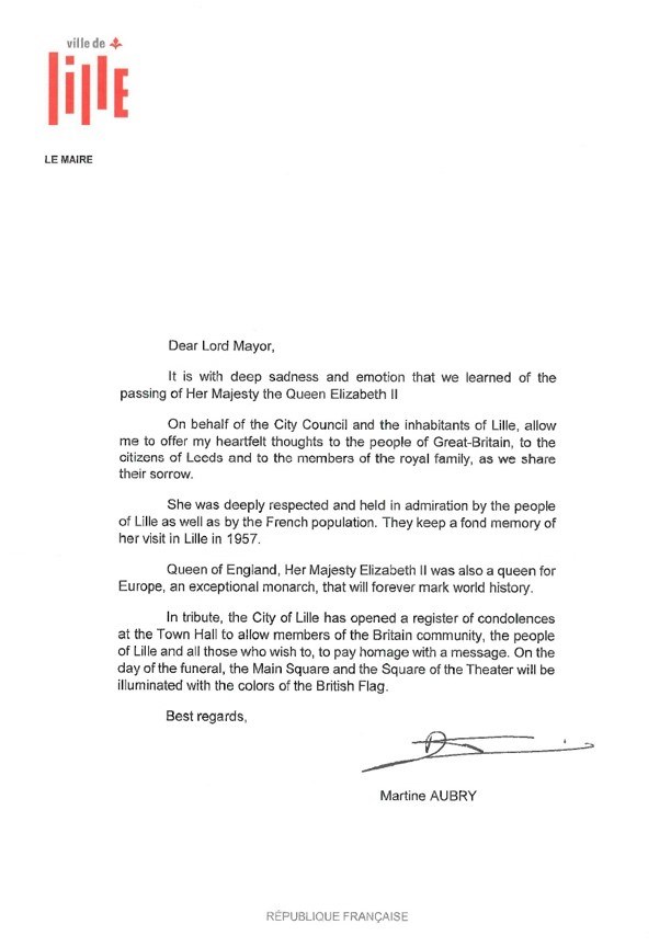 Lille: Condolence letter from Mayor of Lille following death of Her Majesty The Queen.